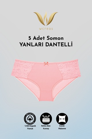 Wcreas Yanları Dantelli Pamuklu Kadın Bato Külot, 5'li Paket Pamuklu Yumuşak Kumaş Dantelli Külot Somon