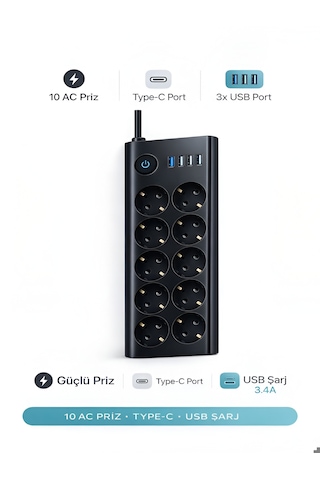 10'lu Priz, 3 Usb, 3.4 Amper, 1 Type-c Girişli 16a Akım Korumalı Uzatma Kablolu Priz Çoklayıcı 1 - 3 M