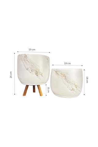 Bitki Tasarımı Ev Dekorasyon Aksesuar Beyaz Üzeri Gold Mermer Efektli Toprak Saksı Saksılık Salon Çiçeklik İkili Set Ayaksız - 3 Ayaklı 19 Cm