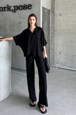 Kadın Siyah Yarasa Kol Sahte Cep Bürümcük Alt Üst Palazzo Takım Siyah