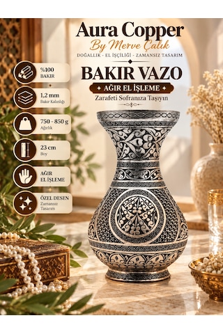 Aura Copper Dekoratif Bakır Vazo 23 Cm Ağır El İşlemeli El Yapımı Obje Çiçeklik Vz-00002