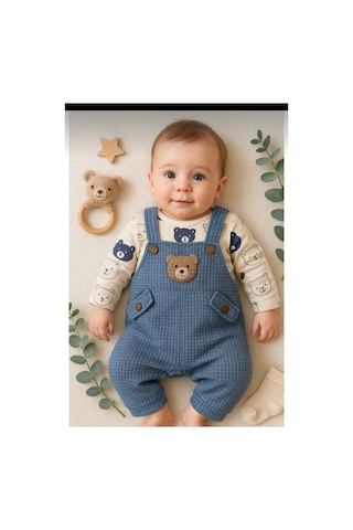 Uğur Bebe Ayı Desenli Erkek Bebek Tulum 3 Lü Tulum Seti Zıbın Tulum Çorap 3-6-9 Ay Bebek Kiyafeti Mavi Mavi