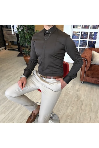 Italyan Kesim Slim Fit Erkek Saten Zincirli Gömlek Kahverengi T48
