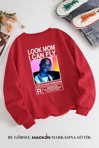 Macklin Unisex Kadın Erkek Travis Scott Cactus Jack Özel Tasarım Baskılı Bisiklet Yaka Sweatshirt Kırmızı2 Mck1293 Kırmızı