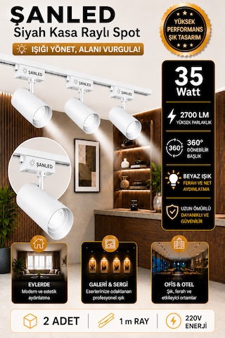Led Beyaz Kasa Beyaz Işık 35w Raylı Spot / 2 Adet 1 Metre Ray