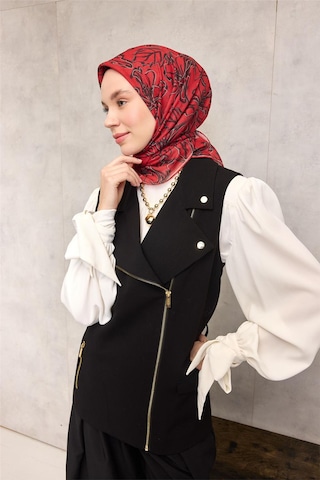 Silk Home Pamuk Polyester Soft Eşarp Kırmızı Zemin Vizon-siyah Lilyum Desenli Kaymaz Tok Duruşlu 90x90 Çok Renkli