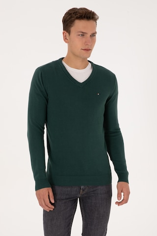 U.S. Polo Assn. Erkek Slim Fit V Yaka Koyu Yeşil Basic Kazak 50313668-VR079