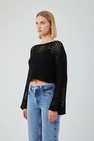 6853 Kadın Ispanyol Kol Ajurlu Crop Kazak Siyah Siyah