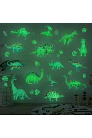 Opulentliving Yeşil Dinozor Glow Duvar Stickerı, Pvc, Çocuk Oda Dekoru, Yeniden Kullanılabilir, 4 Adet Set