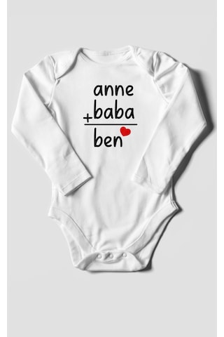 Anne Baba Ve Ben Baskılı Bebek Zıbını Çıtçıtlı Body %100 Pamuk Uzun Kol Beyaz
