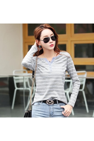 Pamuklu Tişört Kadın Uzun Kollu Çizgili T Gömlek İlkbahar Sonbahar Kadın Giyim Gömlek Bluz Tops Gri