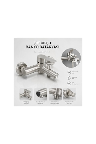 Banyo Bataryası İnox Paslanmaz Çelik Çift Çıkışlı Duş Hortumu Bağlantılı Musluk Metal