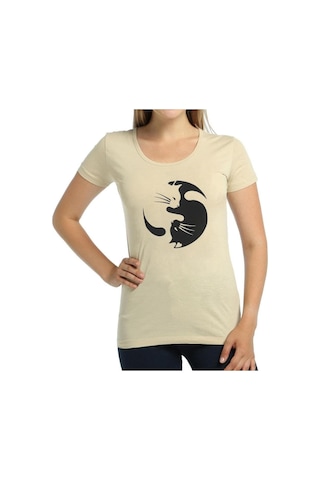 Bant Giyim - Yin Yang Kedi Krem Kadın T-Shirt Tişört