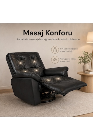 Smarto Relax Basel Elektrikli Masajlı Döner Sallanan Tv Koltuğu Kontrol Panelli Ergonomik Gerçek Deri Baba Koltuğu Siyah