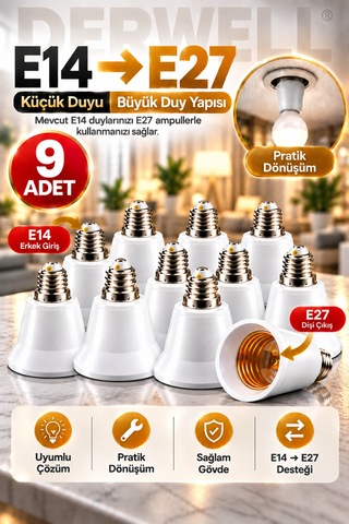 9 Adet E14'ten E27'ye Ampul Duy Dönüştürücü Adaptör - Küçük Duyuyu Büyük Duya Çevirici Aparat, Ev Ve Ofis İçi Pratik Aydınlatma Çözümü, Sağlam Ve Dayanıklı Gövde Yapısı
