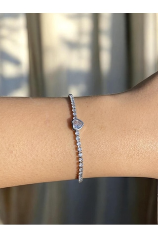 Minik Kalp Detaylı Zarif Su Yolu Bileklik Silver- Sevgiliye Hediye Gümüş
