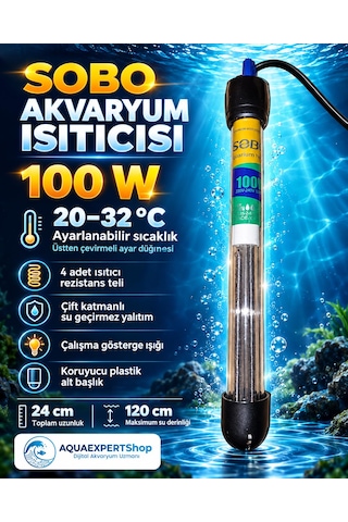 Akvaryum Isıtıcısı - 100w - 20-32c Arası Ayarlanabilir Isıtma - 4 Farklı Rezistans Teli - Çift Katmanlı Su Geçirmez Yalıtım - Koruyucu Plastik Alt Başlık - 24 Cm