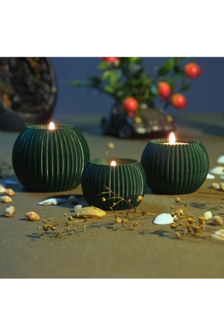 3 Lü Tealight Mumluk Seti Dekoratif Ev & Salon Mumluğu Hediyelik Set Koyu Yeşil