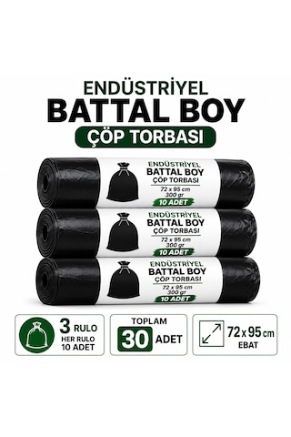 Endüstriyel Çöp Torbası Battal Boy 72x95 Cm 30 Adet 3 Rulo Sızdırmaz Kalın 300 Gram