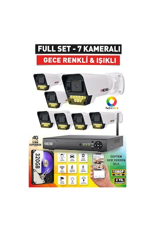 7 Kameralı 1080p Fullhd 5mp Lensli 9 Led Renkli Gece Görüşlü Güvenlik Kamerası Seti - 320gb