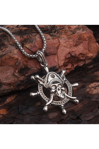 Kuru Kafalı Gemici Dümeni Erkek Kolye Çelik Takı Aksesuar K24 T5