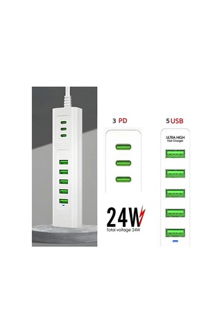 8 Portlu Çoklu Usb Şarj İstasyonu 5 Usb + 3 Type-c Masaüstü Çoklu Şarj Cihazı Aklby-bsva58