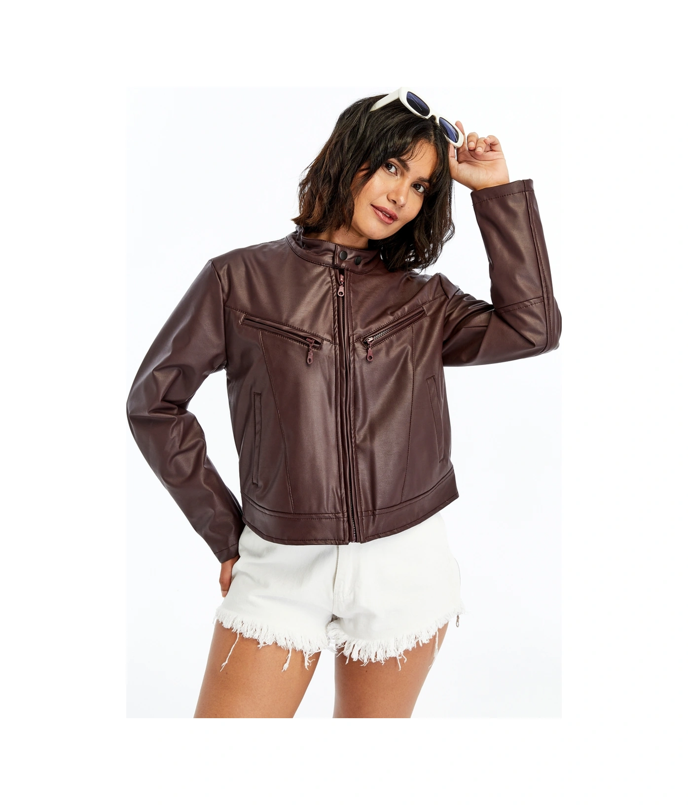 Kadın Deri Ceket Niş Kompakt Tasarım Mont Günlük Kullanım Fermuar Hakim Yaka Şık Ceket Bordo