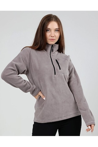 Genius Store Kadın Polar Yarım Fermuarlı Outdoor Cepli Spor Polar Gri Açık Gri