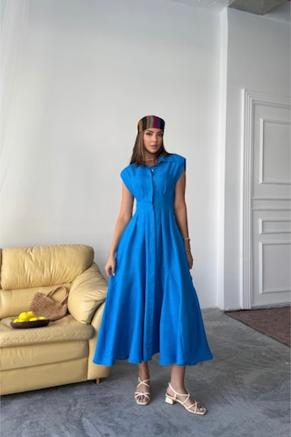 Jakarlı Keten Elbise Önden Yırtmaçlı Cepli - Saks Saks