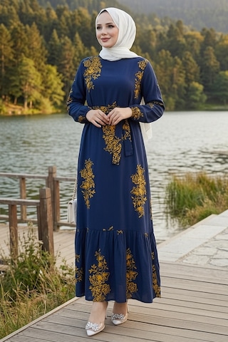 Bestenur Noyra Desenli Viskon Elbise 1722 - Lacivert