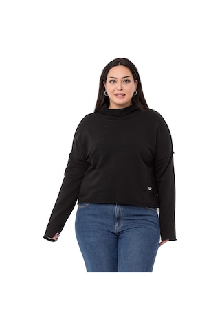 Büyük Beden Kapüşonlu Düşük Kollu Pis Dikişli Üç İplik Siyah Sweatshirt-siyah Siyah