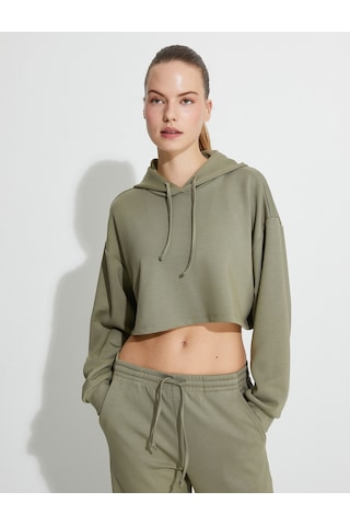 Koton Spor Crop Kapşonlu Oversize Sweatshirt Modal Kumaş Uzun Kollu Haki 4wak10225nk Haki