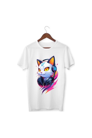 Alpşan Ticaret Kedi Baskılı Tişört Yetişkin Beyaz T-shirt Cat Unisex Çocuk Tişört Beyaz