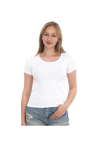 Monox Kadın Fitilli Likralı Pamuk Basic Tshirt Beyaz