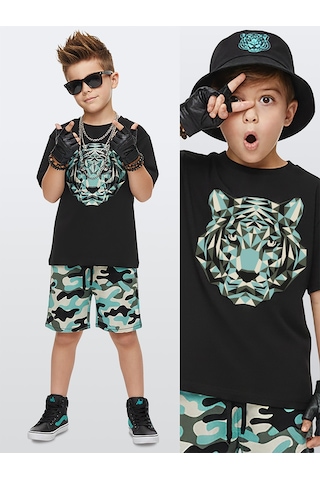 Denokids Erkek Çocuk Takım Kaplan Baskılı %100 Pamuk T-shirt Şort Yazlık Takım Çok Renkli
