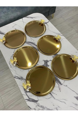 6'li Kelebekli Yuvarlak Gold Sunum Tepsisi Dekoratif Servis Tepsisi Çay, Kahve 22 Cm