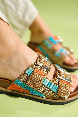 Luvishoes Lanso Taba Taşlı Çift Bantlı Kadın Terlik Taba