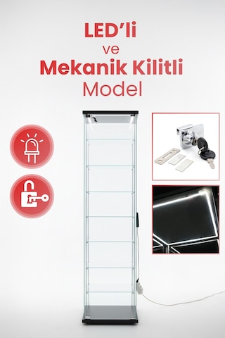 7 Raflı Kilitli Ledli Cam Vitrin Dolap Gümüşlük Koleksiyon Sergi Kitaplık Kapaklı Büfe Mutfak Raflı Siyah