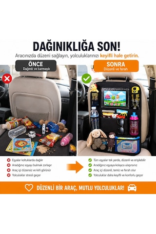 Polham 8 Bölmeli Araç Koltuk Arkası Organizer Tablet Bölmeli Fileli Oto Koltuk Arkası Eşya Düzenleyici