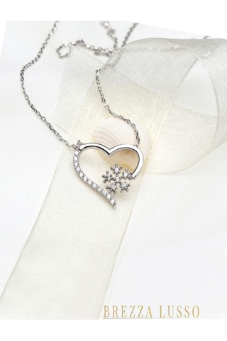 Brezza Lusso Jewelry 925 Ayar Gümüş Zirkon Taşlı Kar Tanesi Kalpli Kadın Gümüş Kolye 45 CM