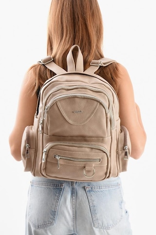 Baginn Suni Deri Kadın Sırt Çantası 38 28 Cm Mega Bag Günlük Kullanıma Uygun Çok Cepli İçi Astarlı Krem