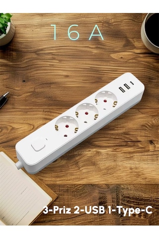 Ftr/16 3680w 16a 3 Priz, 2 Usb, 1 Type-c, 1.8 Metre Akım Korumalı