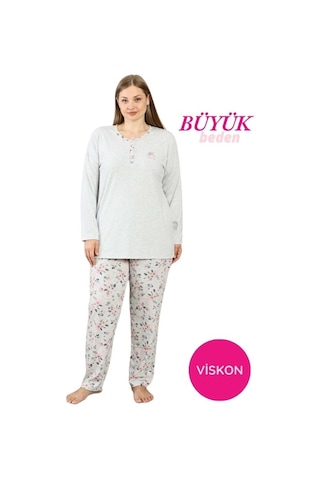 Alimer Kadın Büyük Beden Gri Çiçek Desen 3 Düğmeli Mevsimlik Uzun Kol Pijama Takımı Gri