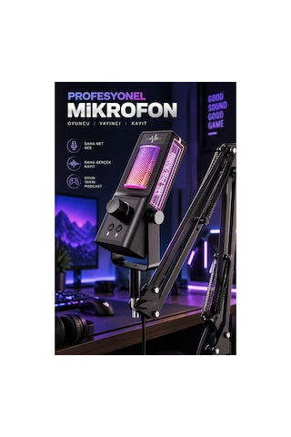 Robeve Yk Mc671 Profesyonel Yayıncı Mikrofonu Ve Oyuncu Mikrofonu Rgb Aydınlatmalı Mikrofon, Gürültü Azaltma, Ses Kontrolü Ve Ayarlanabilir Masa Uzatma Kollu Gaming Mikrofon