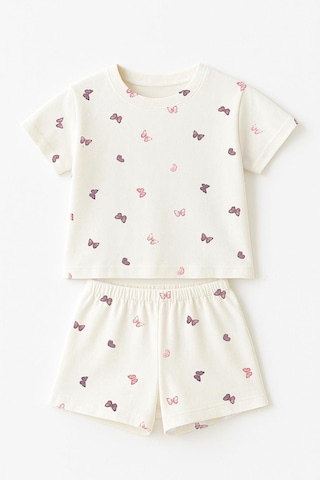 Kız Çocuk %100 Pamuk Kelebek Desenli Şortlu Takım 3-4 Yaş 8-9 Yaş Beyaz