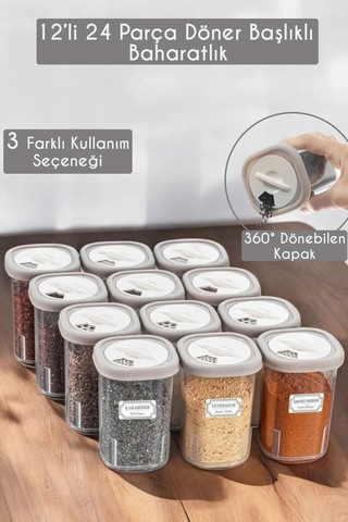 Miya 12'li 24 Parça 360 Döner Başlıklı Hava Geçirmez Kapaklı Taze Tutan Baharatlık Seti-bej - 750421078 Diğer