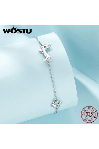 Wostu 925 Ayar Gümüş Sevimli Dachshund Köpek Charm Bilezik Kadınlar İçin Orijinal Ayarlanabilir Hayvan Pet Paw Bağlantı Aile Hediye Takı Gümüş
