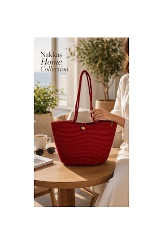 Nakkaş Home Collection Jüt Çanta Kadın Hasır Çanta, Plaj Çantası, Omuz Ve Günlük Kullanım Çantası-bordo-45x30 Cm