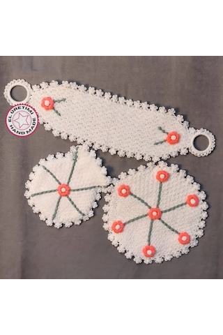 Uretti - Kenan 2196 - 8739 El Örgüsü Pembe Çiçek Motifli Beyaz 3'lü Lif Seti