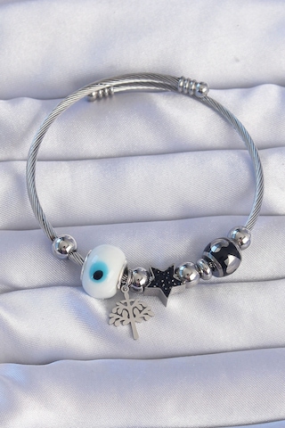 316l Çelik Bileklik Silver Siyah Zirkon Taşlı Yıldız Nazarlı Charm Gümüş